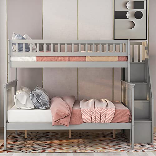 Twin Over Twin/Full Bunk Bed with Twin Size Trundle and Drawers, Solid Wood K270801
