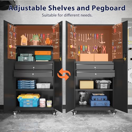 Metal Garage Storage Cabinet with Drawers and Wheels Rolling Tool Chest Cabinet with Pegboards Lockable Storage Cabinets with Adjustable Shelves E751