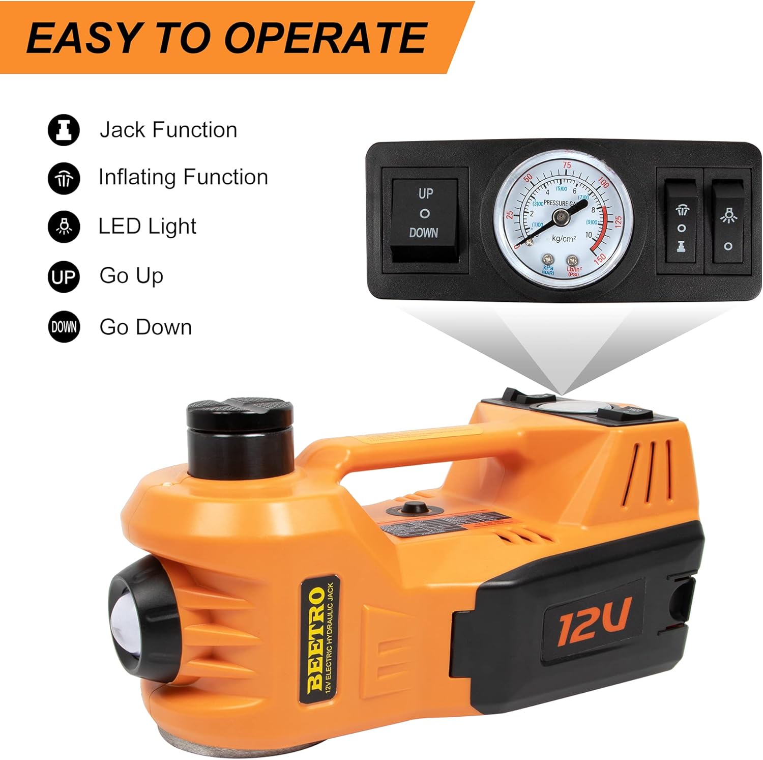 3 in 1 Electric Hydraulic Car Jack with Tire Inflator Pump, 5T (11000 lbs), DC 12V, Lifting Range 6-17.7 inch R5819