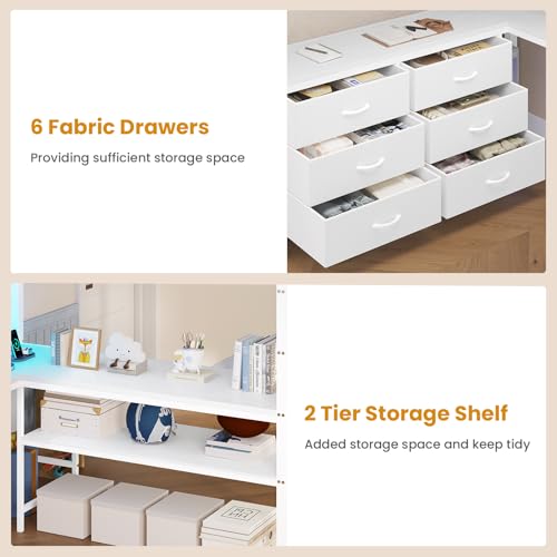 Full Size Loft Bed with U-Shaped Desk, 6 Storage Drawers, LED, Rustic Brown V8268