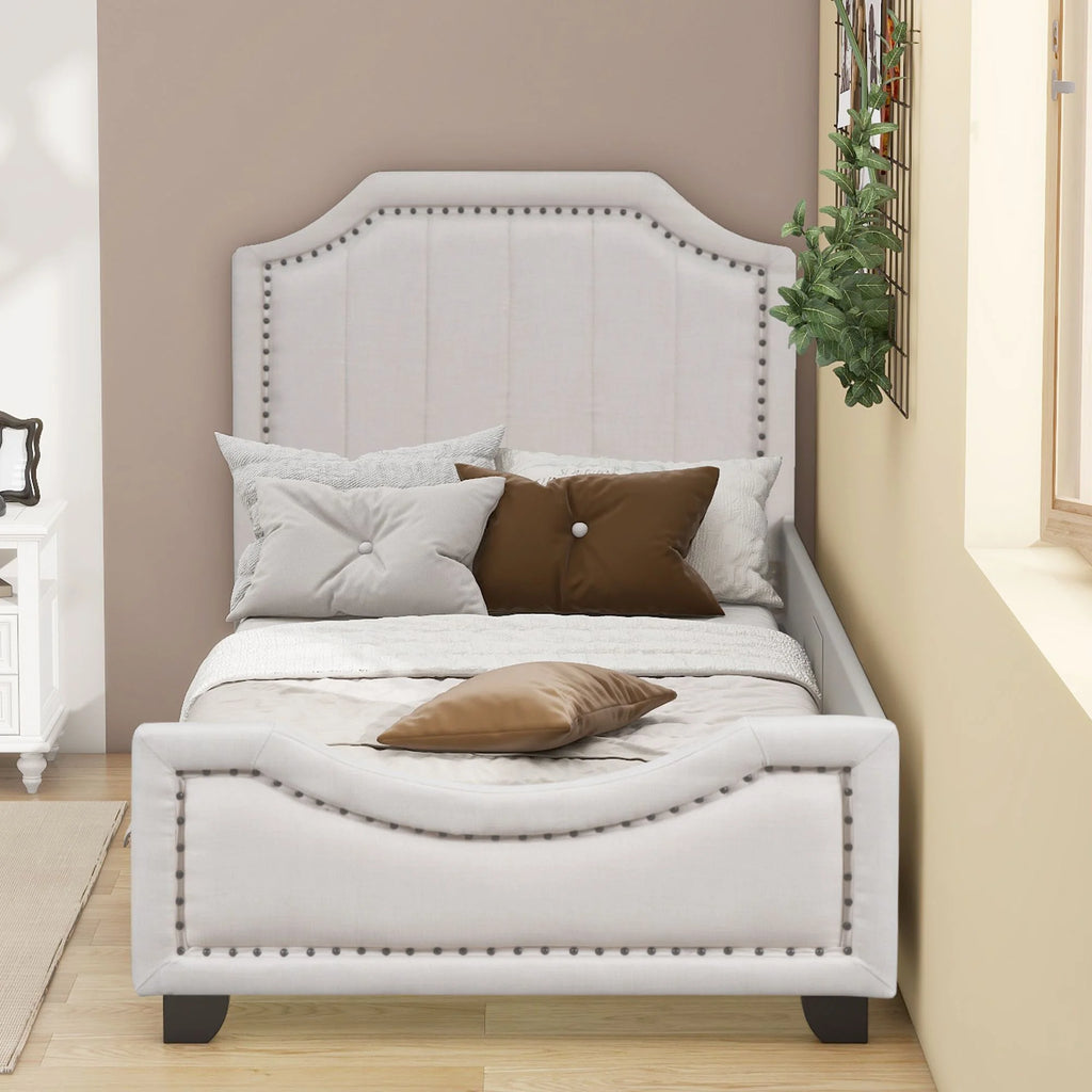 Twin Upholstered Platform Bed with Nailhead Trim and Guardrail D752