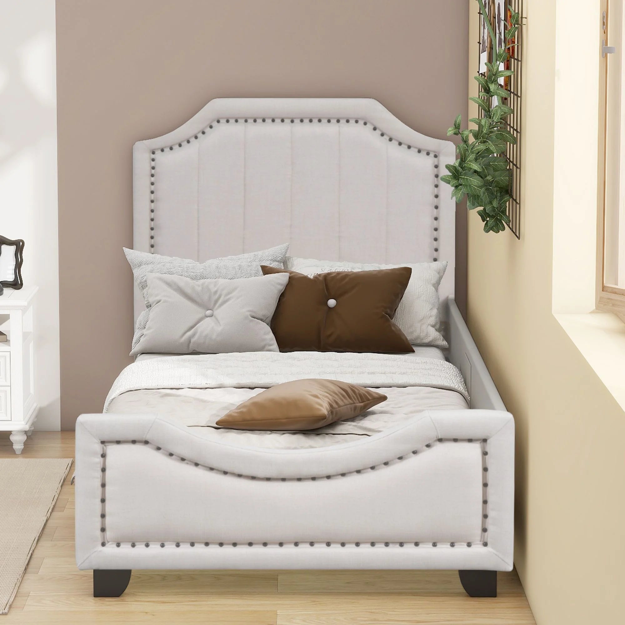 Twin Upholstered Platform Bed with Nailhead Trim and Guardrail D752