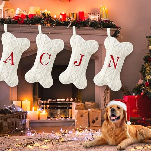 White Large Knit Dog Christmas Stocking with Initials K539146