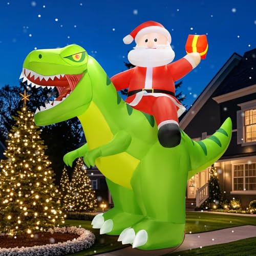 9x8FT Christmas Inflatables Santa Riding Dinosaur with LED Lights C523025