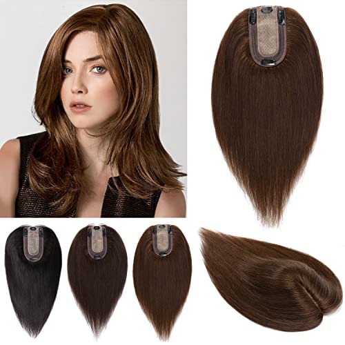 100% Real Human Hair Toppers Silk Base Clip in Hair Toppers 6 inch 27g Medium Brown L944458