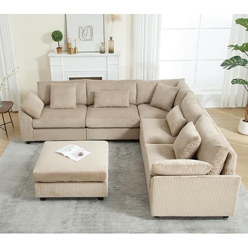 Oversized Corner Modular Sectional Sofa Set, L-Shaped Couch with Movable Ottoman and 7 Pillows, Corduroy Fabric Deep Seat 6 Seater Cloud Couch (Beige) V8367