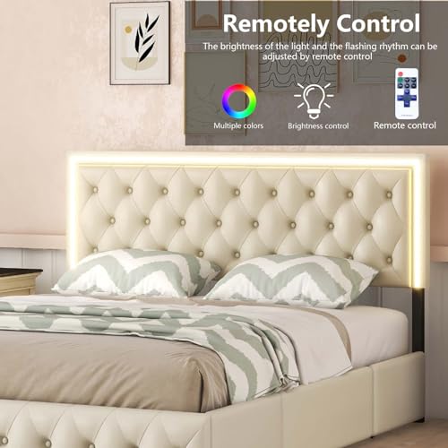 Queen Size Upholstered Bed Frame with 4 Storage Drawers, Button Tufted Adjustable Headboard PU Leather Platform Bed with LED Light (Black) D1551
