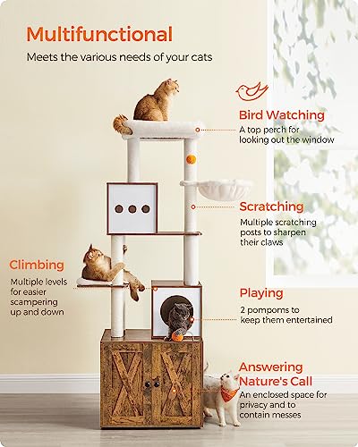 70.8-Inch Tall Cat Tree with Litter Box Enclosure, Scratching Posts, Perch, Caves, Basket, Washable Cushions Y15795