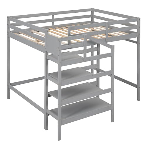 Full Size Gray Wooden Loft Bed with Staircase and Storage Wardrobe H54327