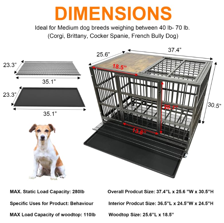 Heavy Duty Dog Crate Cage with Woodtop, Steel Kennel, Double Door and Tray C5927