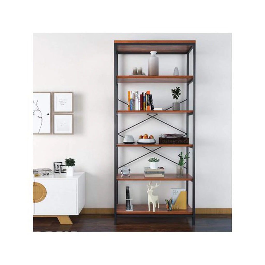 5 Shelf Rustic Wood and Metal Bookcase Y881