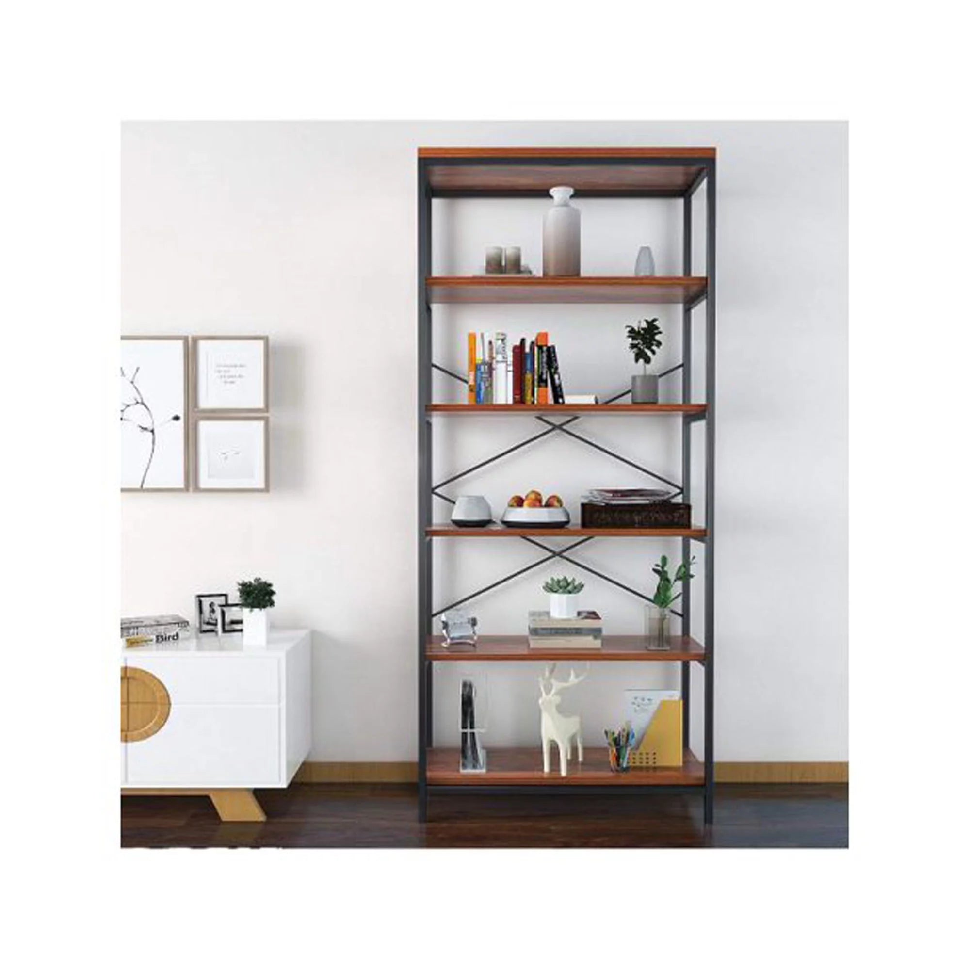 5 Shelf Rustic Wood and Metal Bookcase Y881