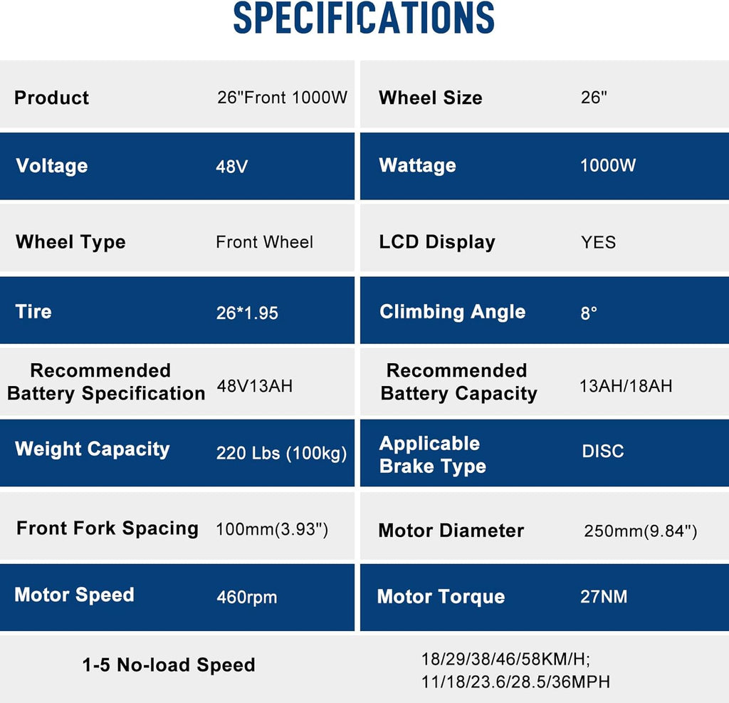 26" 48V 1000W Electric Fat Bike Conversion Kit Rear Wheel with LCD Display I4006