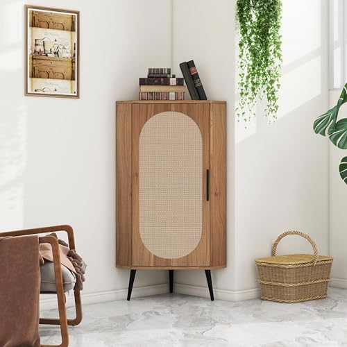 Boho Corner Storage Cabinet with Rattan Doors & Adjustable Shelves V28287