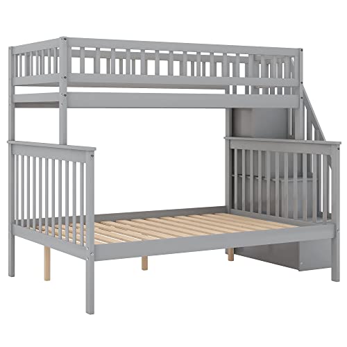 Twin Over Twin/Full Bunk Bed with Twin Size Trundle and Drawers, Solid Wood K270801