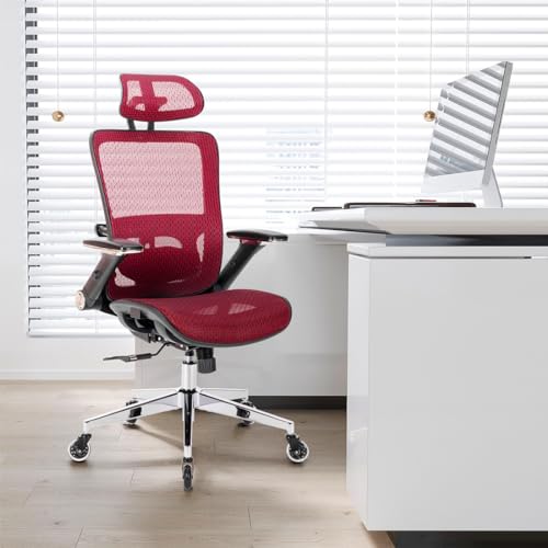 Red Mesh High Back Office Chair with Adjustable Headrest and Flip-Up Arms J91593