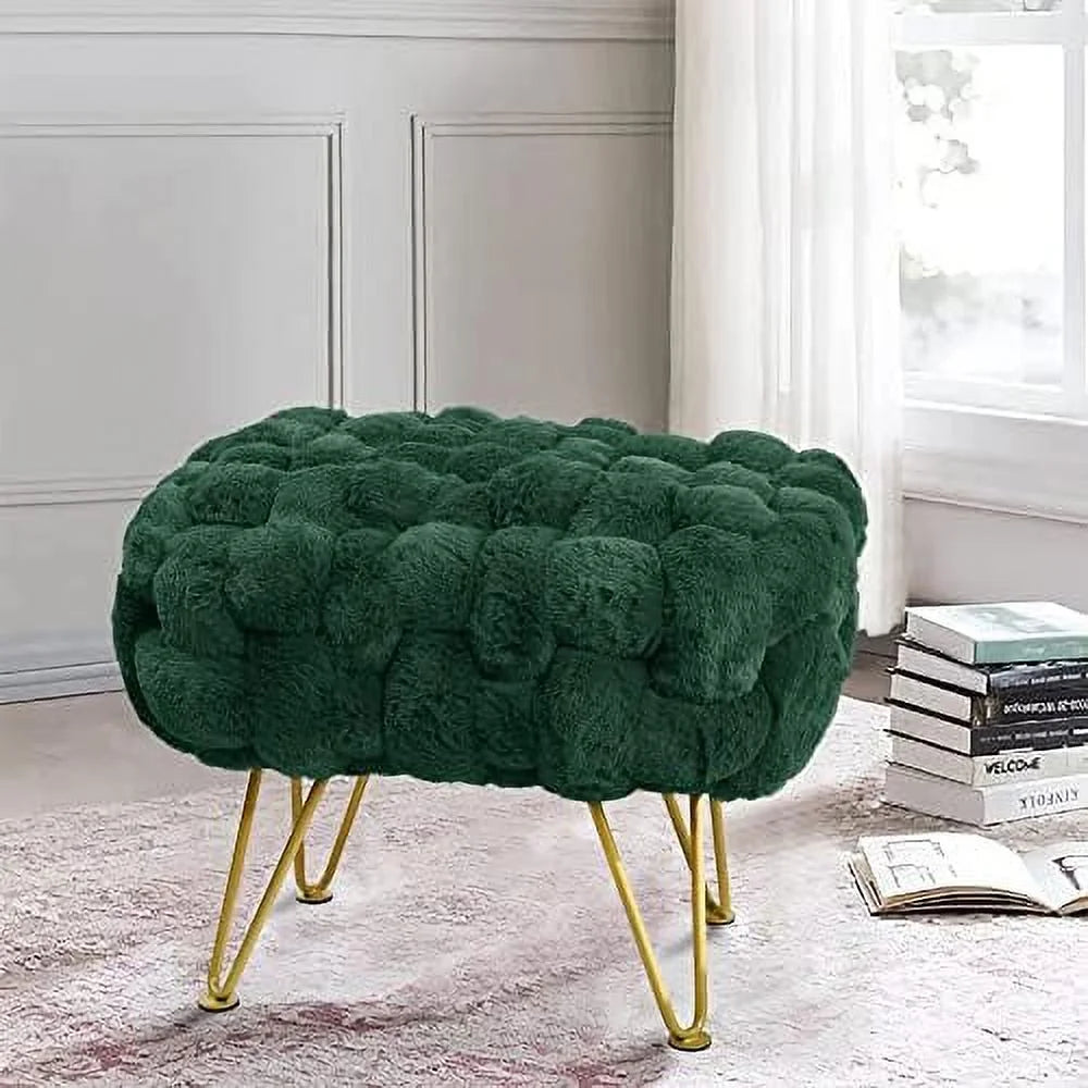 Pink Soft Faux Ottoman Fuzzy Bench Seat 27"x20"x19" Sturdy Accent Coffee Table Fluffy Shoe Stool with Golden Legs H35530