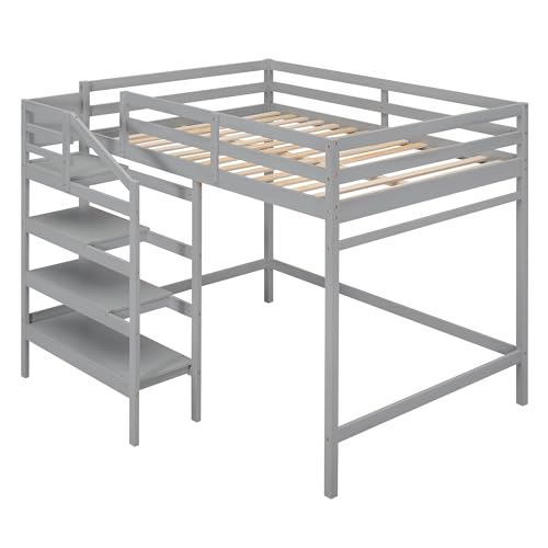 Full Size Gray Wooden Loft Bed with Staircase and Storage Wardrobe H54327