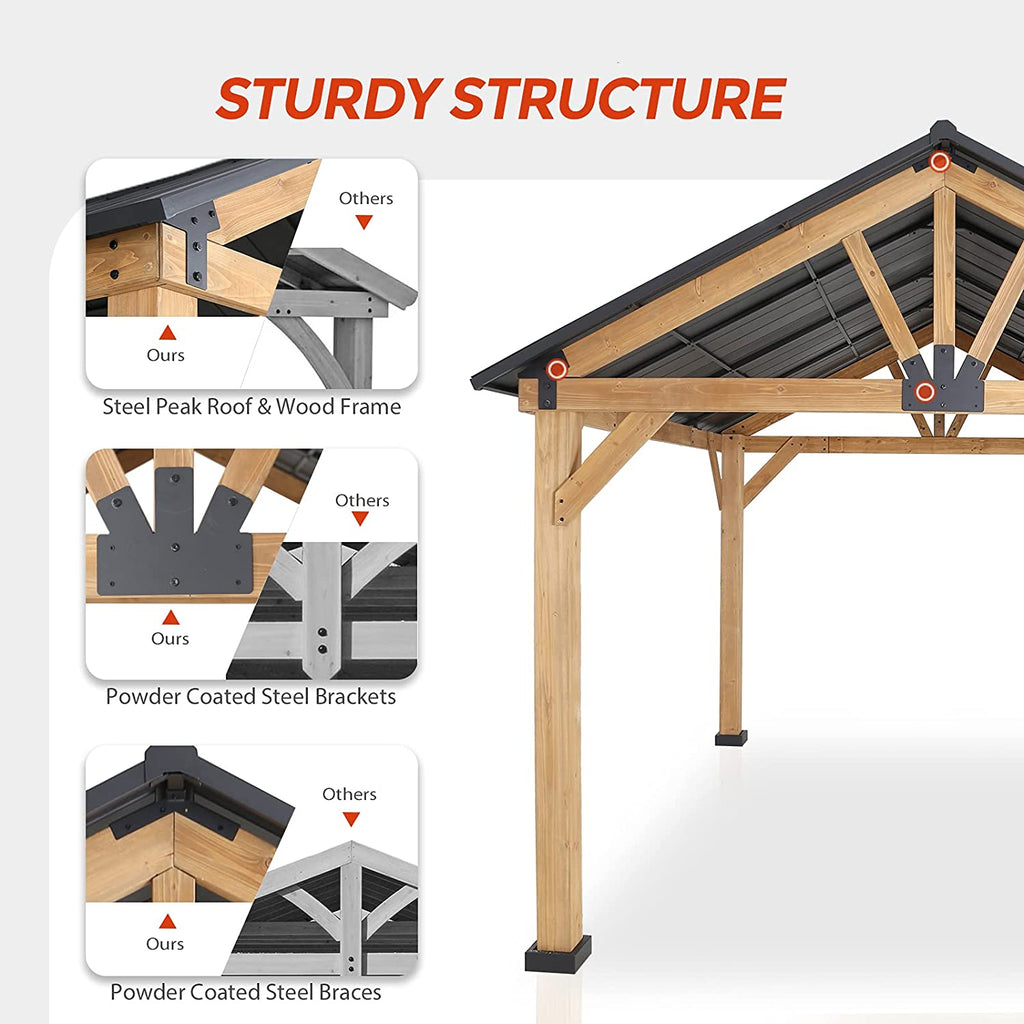 13'x 11' Solid Wood Patio Gazebo with Black Steel Gable Hardtop Roof P4664