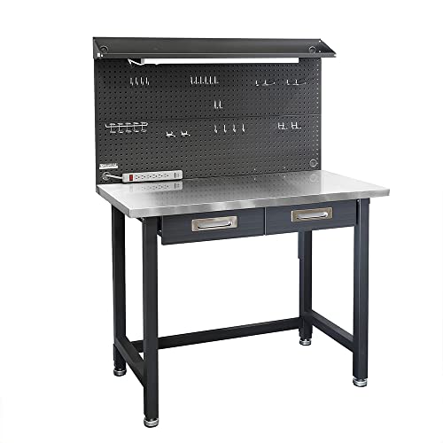 Heavy Duty Commercial Lighted Workcenter with Pegboard, 500 lbs. Weight Capacity, Stainless Steel Top, 48" W x 24" D x 65.5" H R360