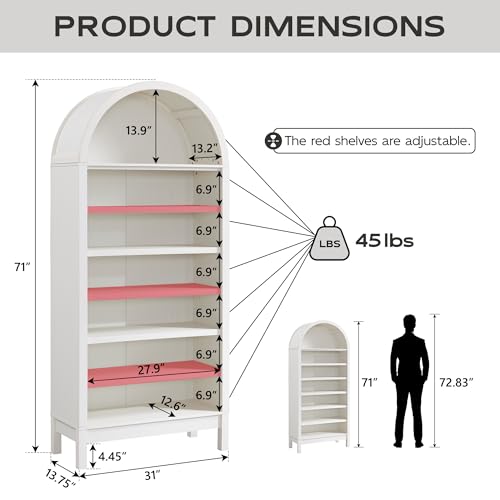 Natural 7 Tier Arched Bookshelf with Adjustable Shelves H827