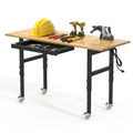 60" Adjustable Height Work Table with Power Outlet, Drawer and Wheels, Hardwood Work Bench H3856