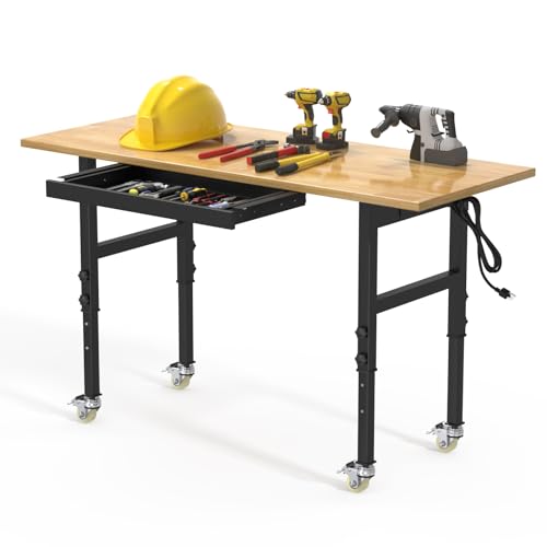 60" Adjustable Height Work Table with Power Outlet, Drawer and Wheels, Hardwood Work Bench H3856