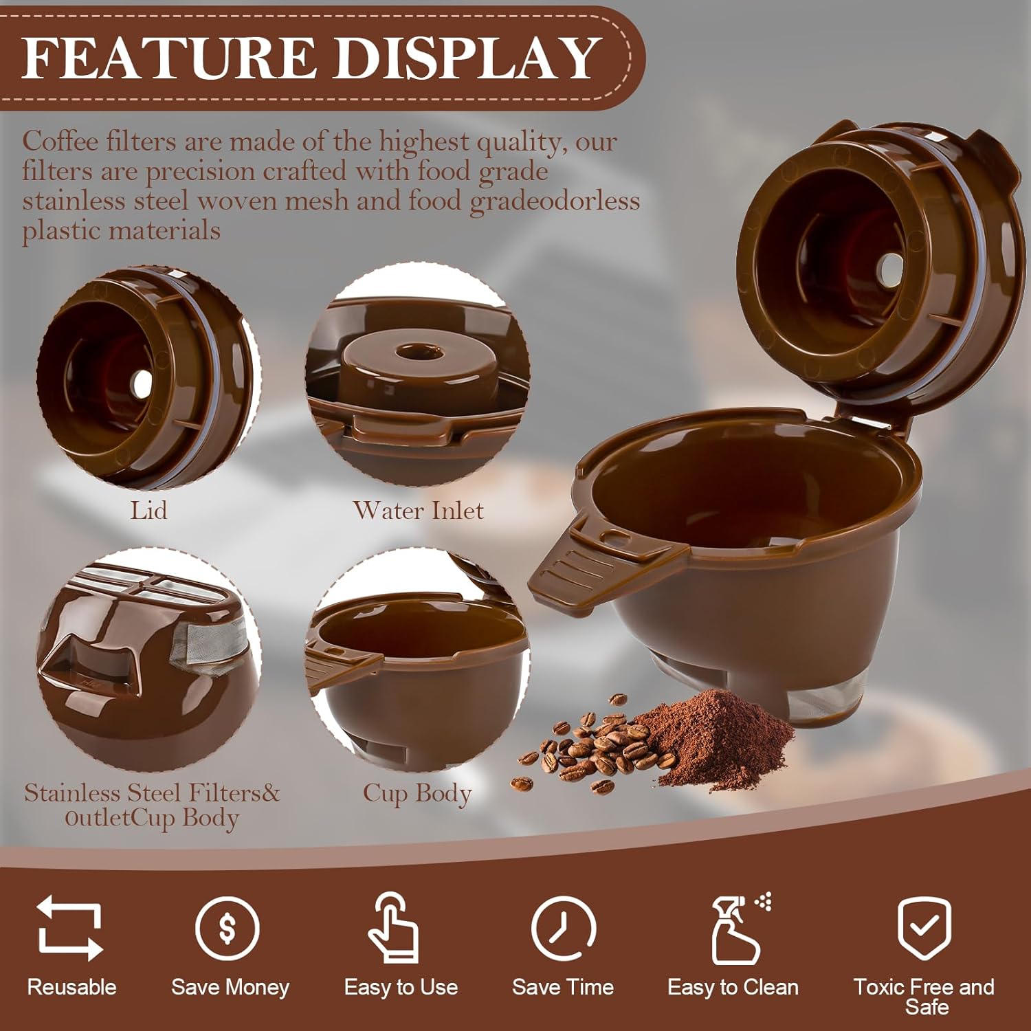 Single Serve Ground Coffee Brew Basket Reusable Coffee Filter Brown (2 Pack) W273123