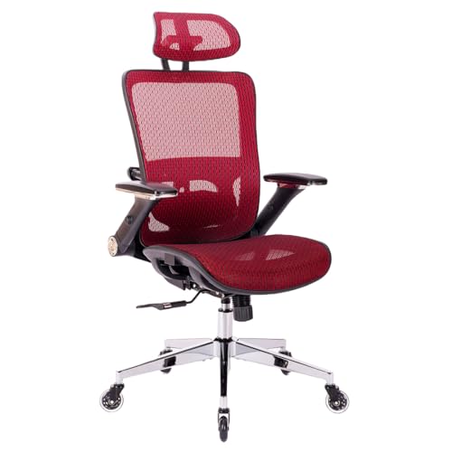 Red Mesh High Back Office Chair with Adjustable Headrest and Flip-Up Arms J91593