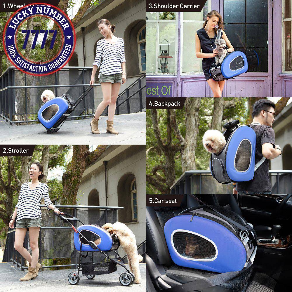 5 in 1 Pet Carrier Backpack Carseat Stroller with Wheels Blue J44595