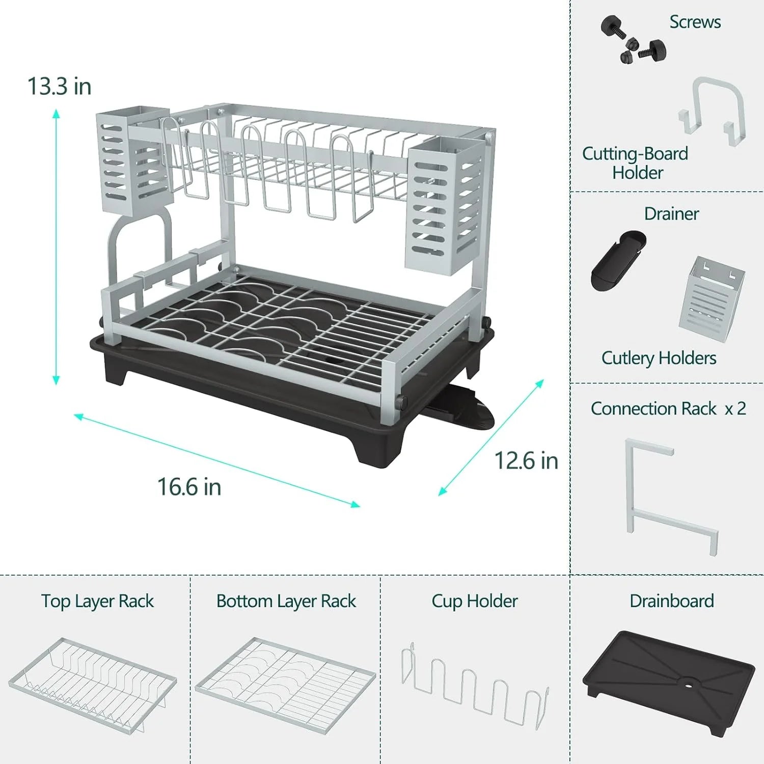 2 Tier Stainless Steel Dish Drying Rack with Drainboard S792201