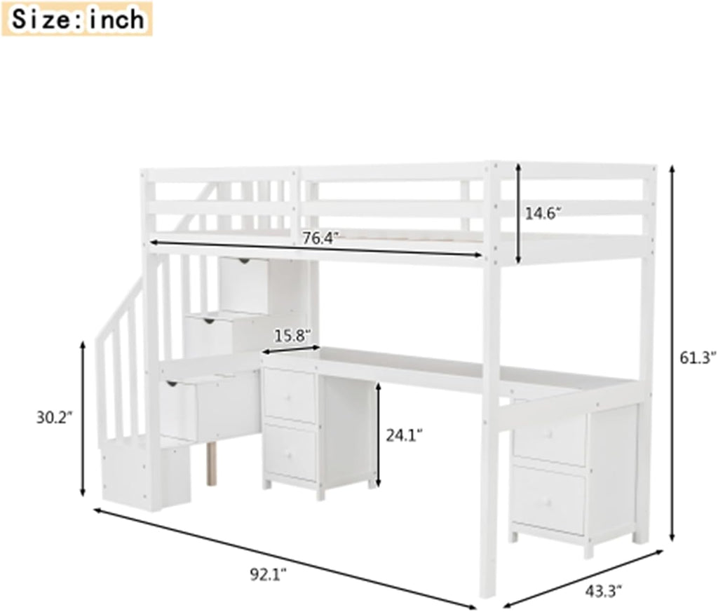 White double loft bunk bed frame with built-in desk and storage drawers A9652