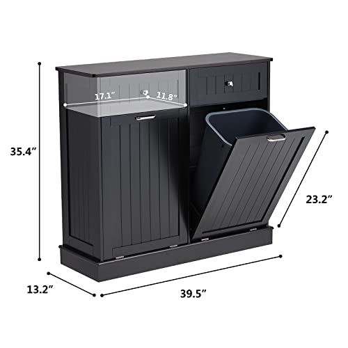 White Wooden Tilt Out Trash Cabinet with Hideaway Drawer and Bamboo Cutting Board I6674