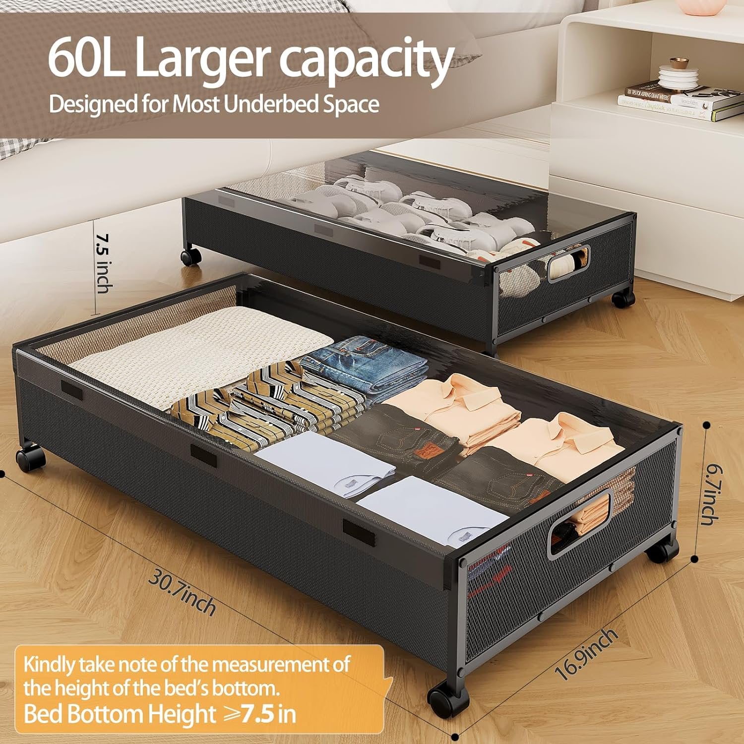 Black 2 Pack Rolling Under Bed Storage Drawer X65099