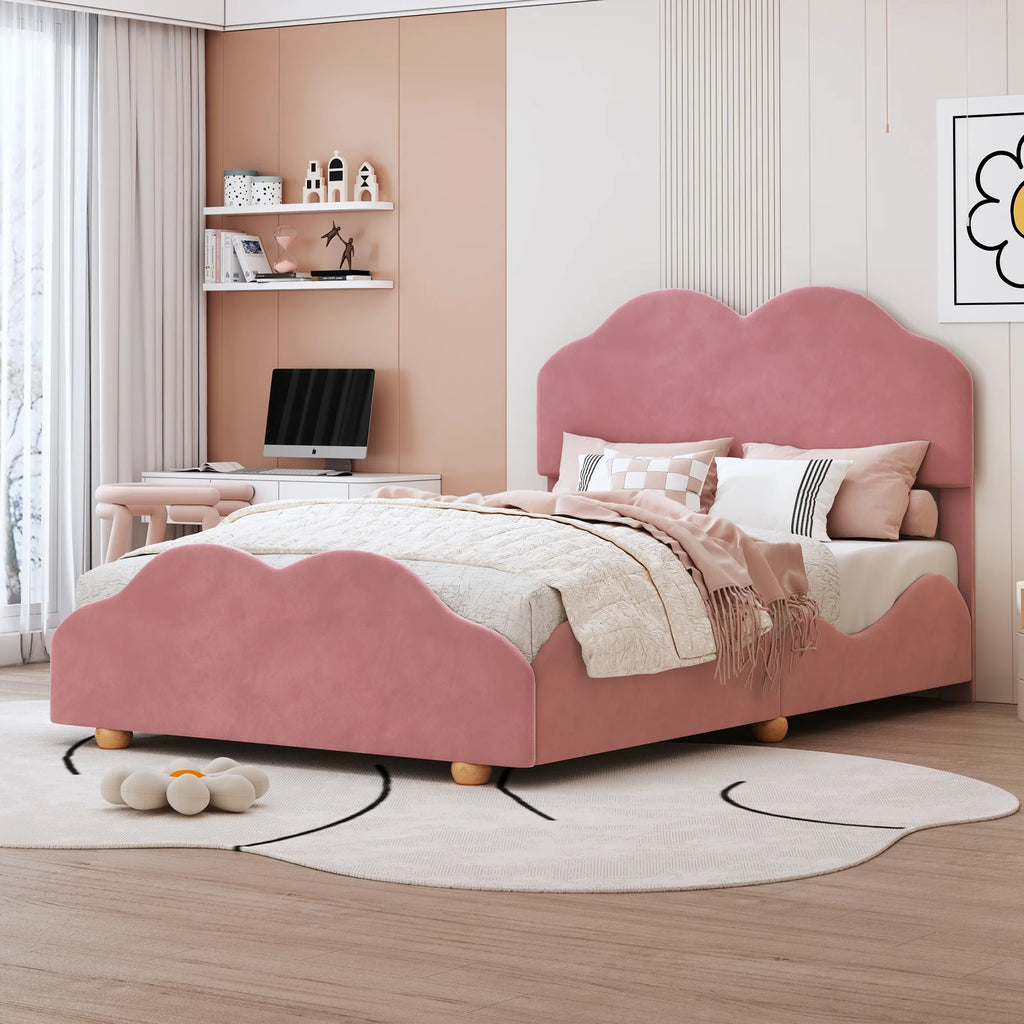 Dark Pink Upholstered Full Size Platform Bed Frame with Headboard P282288