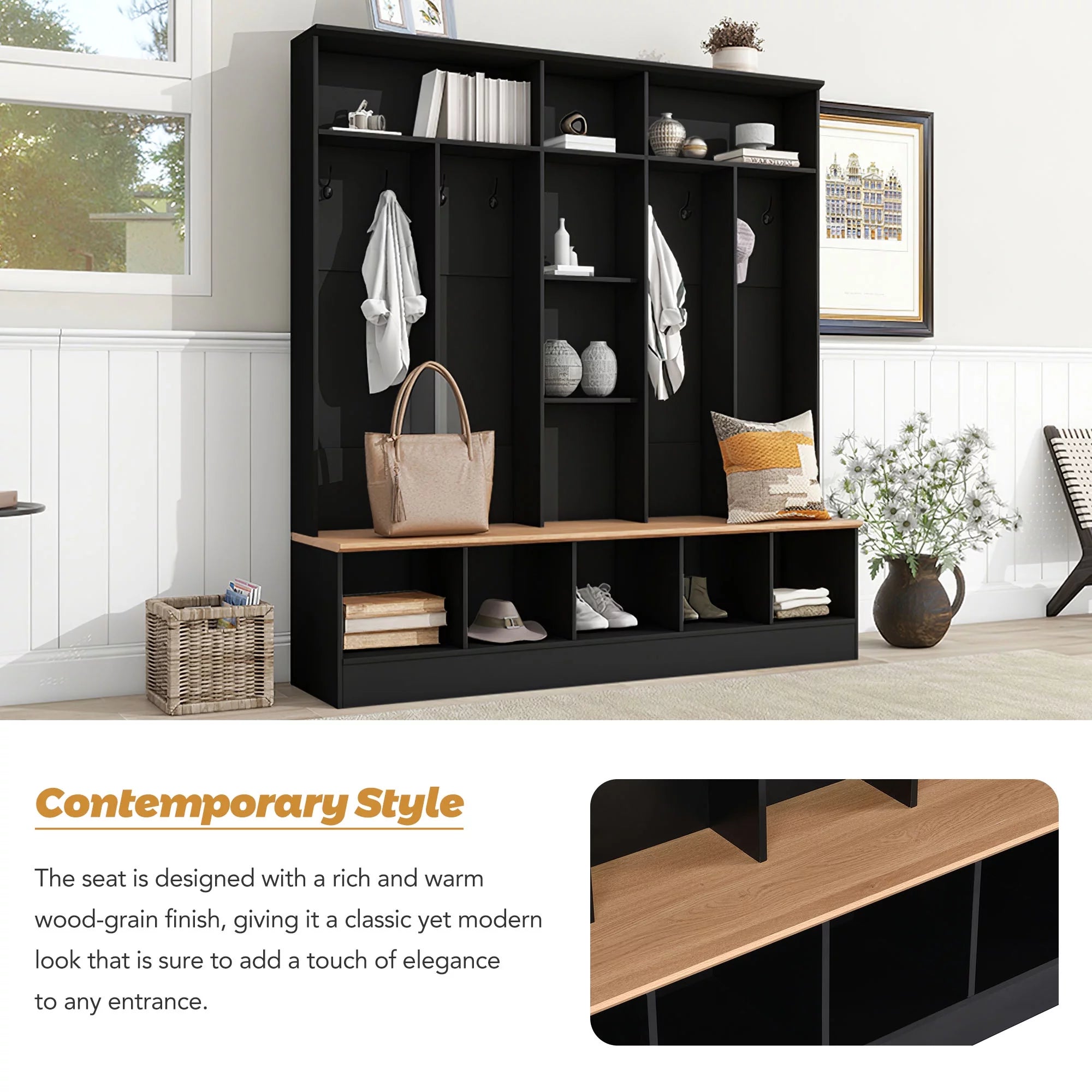 Black Hall Tree with Storage Bench and 8 Hooks P499768