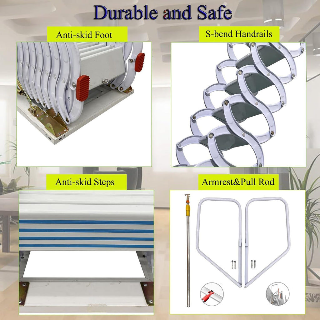 Al-Mg Alloy Attic Steps Pull Down 12 Steps Folding Ladder with Armrests 9.8ft Height 27.6x27.6in Frame Size G8555