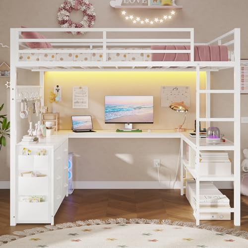 Full Size Loft Bed with U-Shaped Desk, 6 Storage Drawers, LED, Rustic Brown V8268