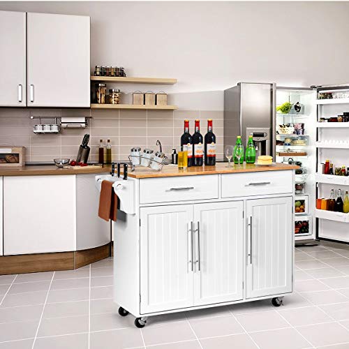 White Kitchen Island Cart Rolling Storage Trolley with Lockable Castors, 2 Drawers, 3 Door Cabinet K65860