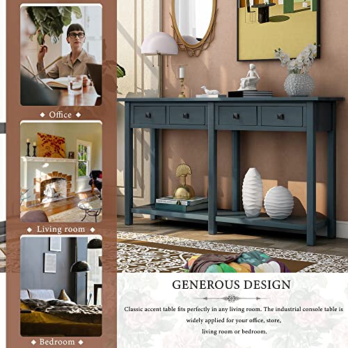 Antique Navy Rustic Wood Console Table with 4 Drawers and Bottom Shelf C577