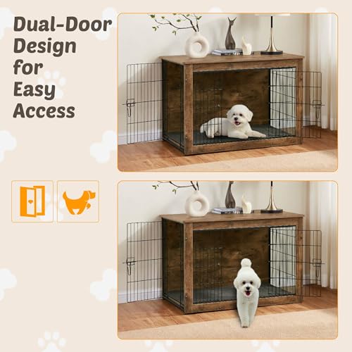 Wooden Dog Crate End Table with Dual Doors, 27 Inch P582
