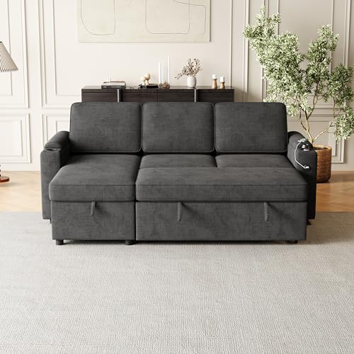 Dark Grey L-Shaped Fabric Sofa with Pull Out Bed M363