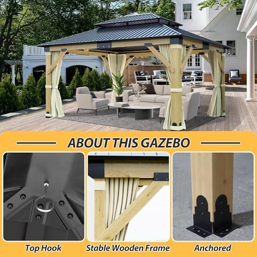 12'x12' Hardtop Double Roof Galvanized Steel Gazebo with Curtains & Netting R810800