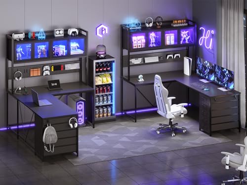 Rustic Brown L Shaped Gaming Desk with Drawers, Hutch, Storage Shelves, Pegboard, Led Lights, and Power Outlet Y873