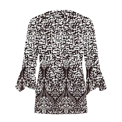 3/4 Sleeve Bell V Neck Graphic T Shirts Button Pleated Tops Floral Blouse K19396