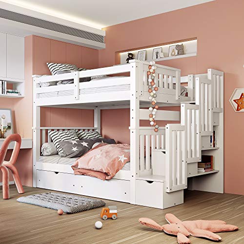 Twin Over Twin/Full Bunk Bed with Twin Size Trundle and Drawers, Solid Wood K270801