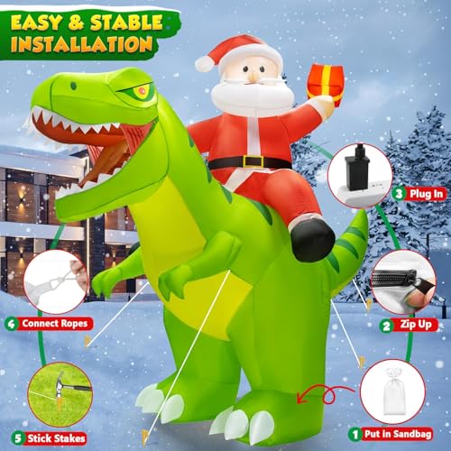 9x8FT Christmas Inflatables Santa Riding Dinosaur with LED Lights C523025