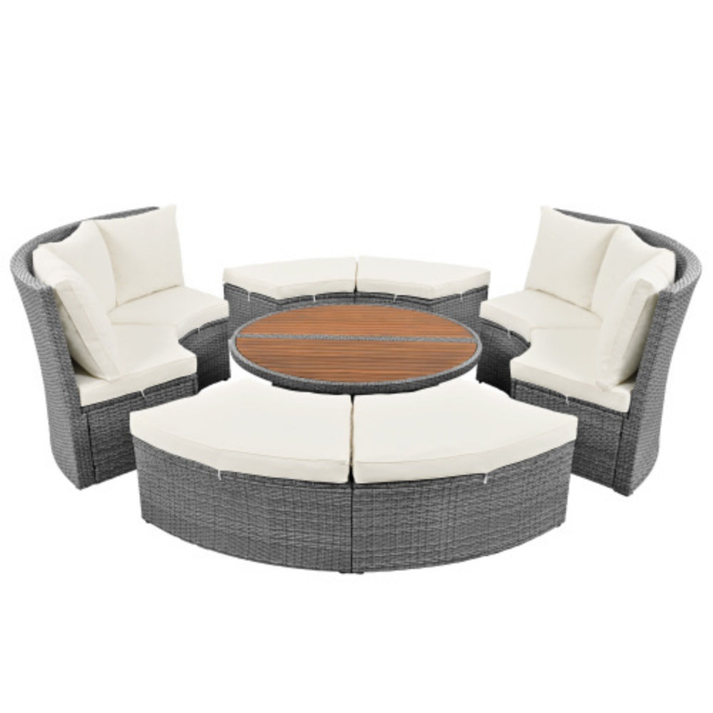 5-Piece Round Rattan Sectional Sofa Set with Liftable Table and Washable Cushions V159079