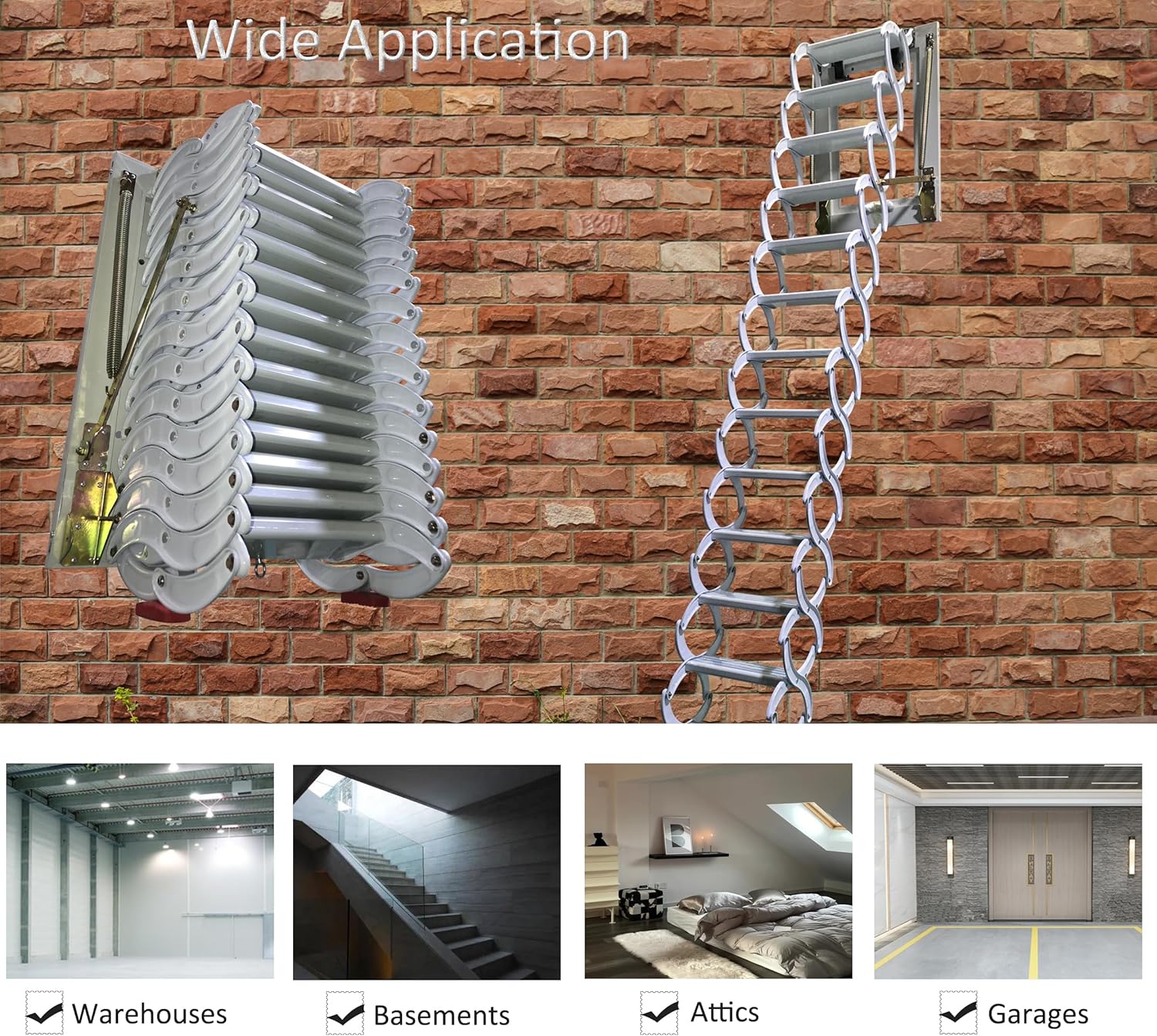 Al-Mg Alloy Attic Steps Pull Down 12 Steps Folding Ladder with Armrests 9.8ft Height 27.6x27.6in Frame Size G8555