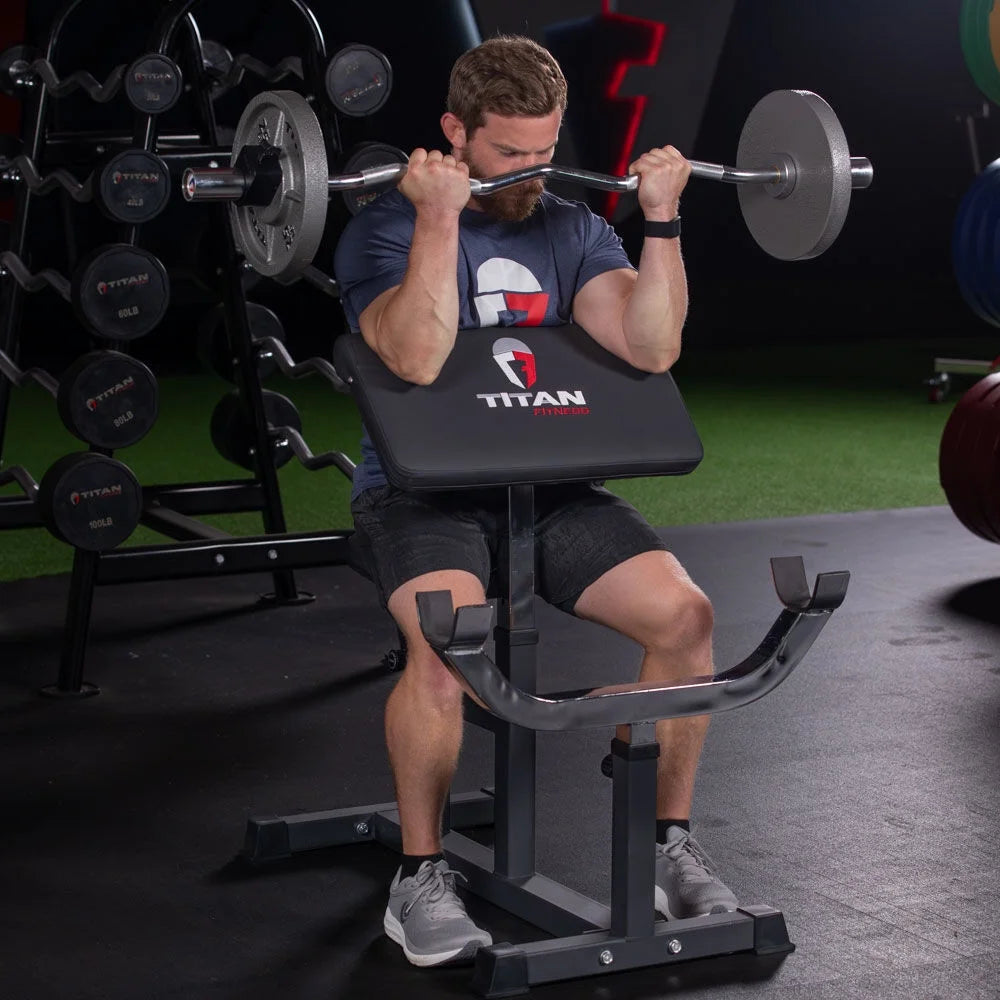 Adjustable Arm Preacher Curl Weight Station, Seated Strength Training Fitness Bench, Rated 250 LB F106